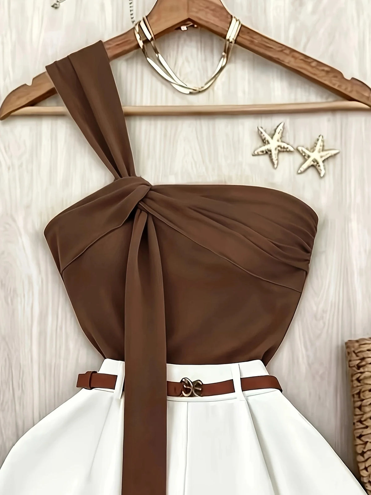 Conjunto de Tricô com Top Frente Única Marrom Chic Lenogue