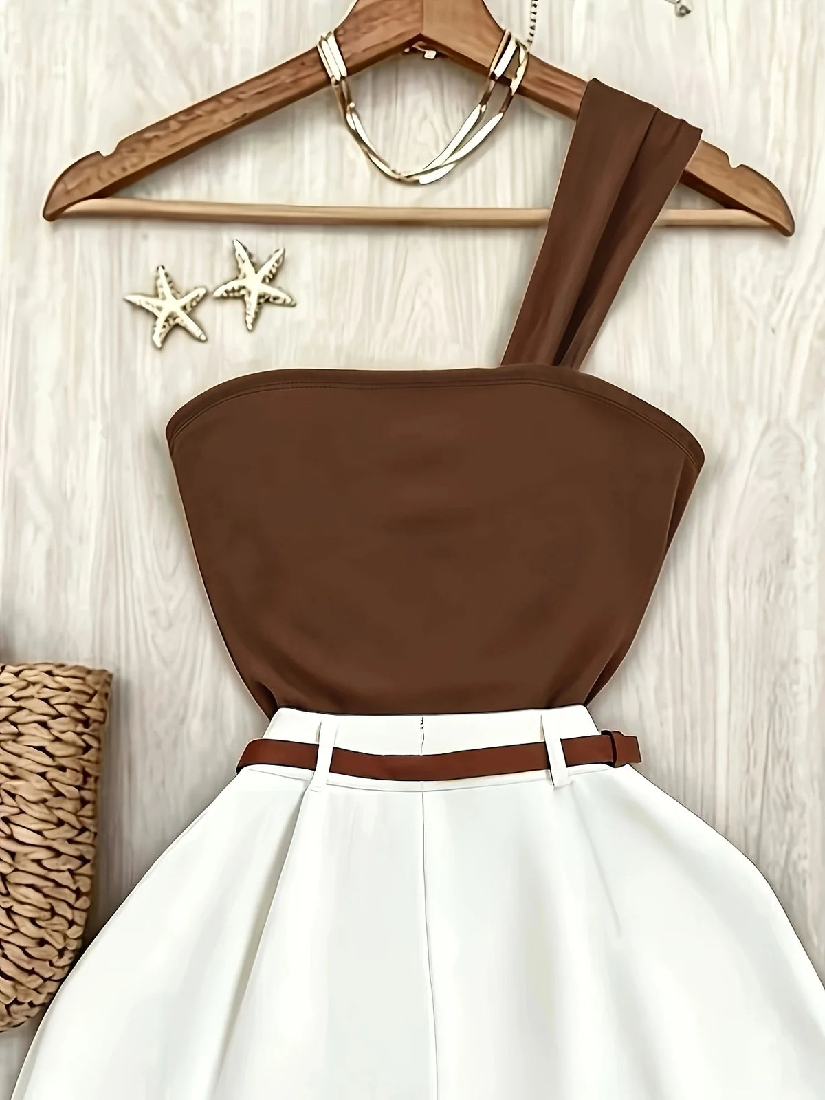 Conjunto de Tricô com Top Frente Única Marrom Chic Lenogue