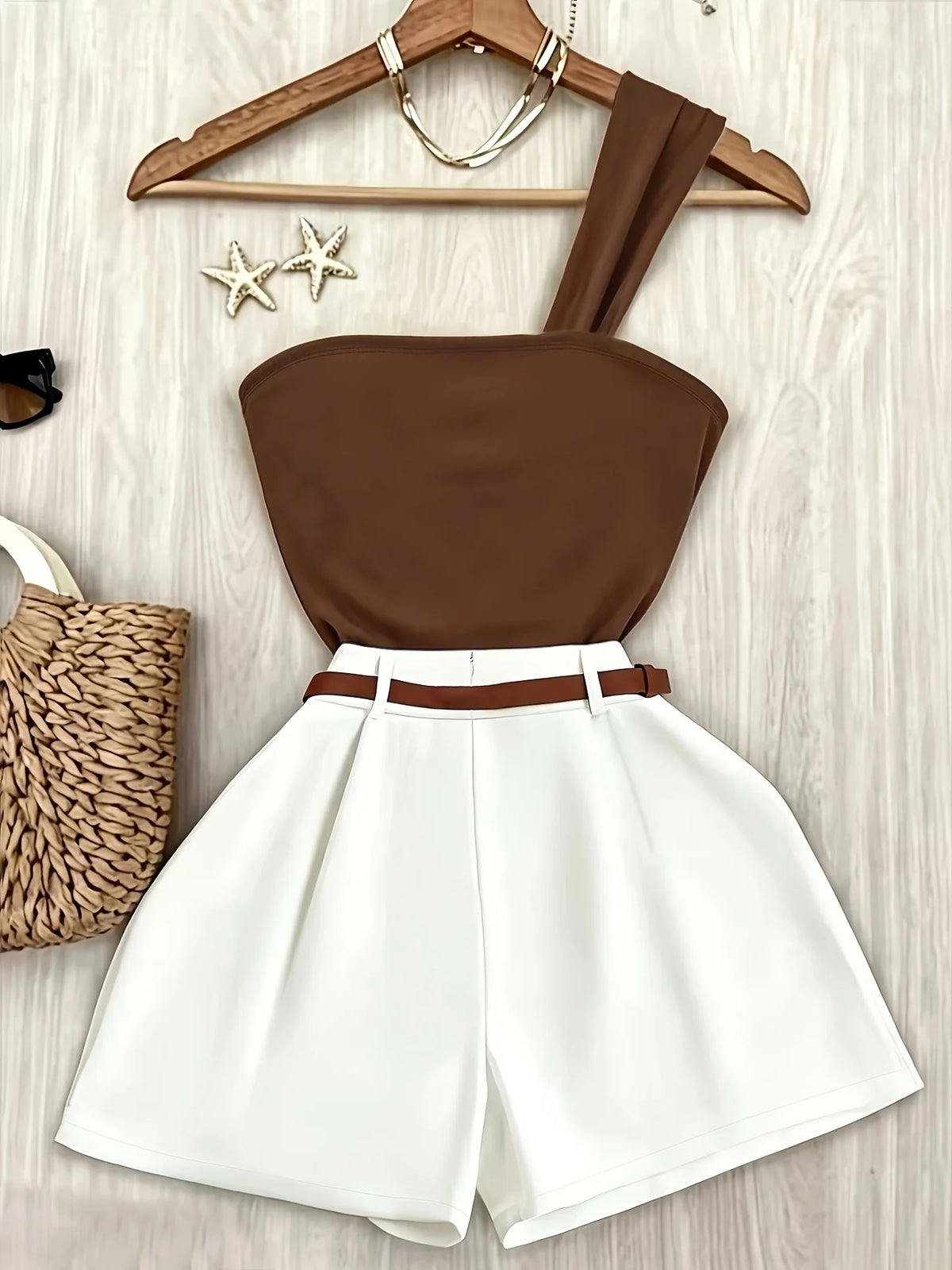 Conjunto de Tricô com Top Frente Única Marrom Chic Lenogue