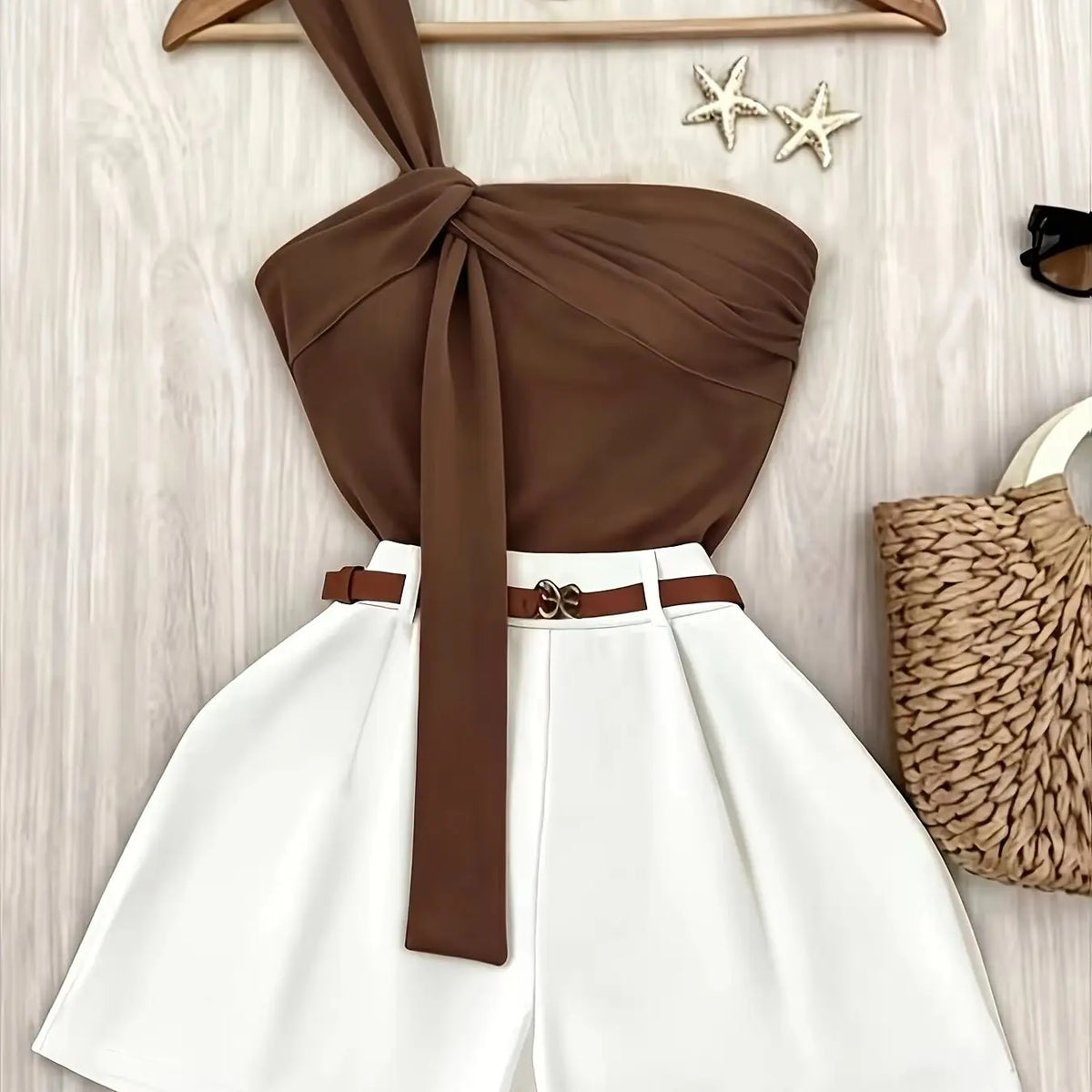 Conjunto de Tricô com Top Frente Única Marrom Chic Lenogue Marrom / PP
