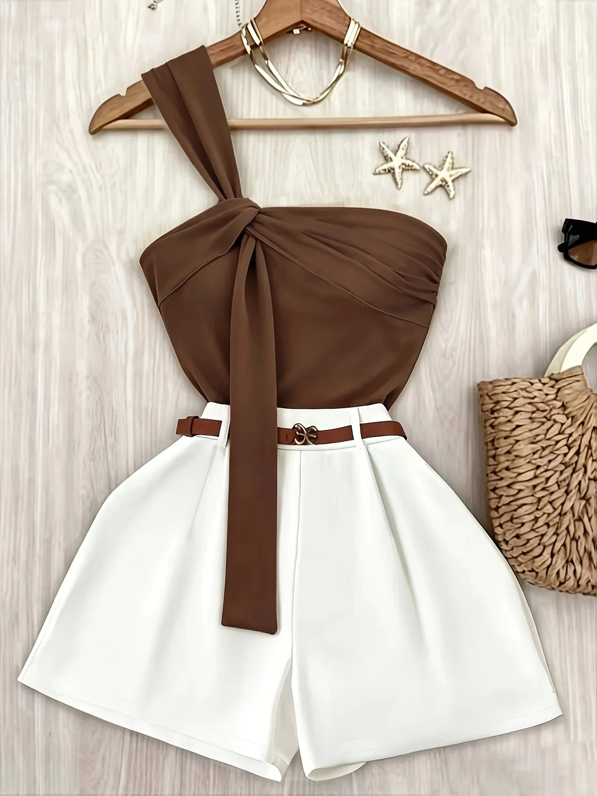 Conjunto de Tricô com Top Frente Única Marrom Chic Lenogue