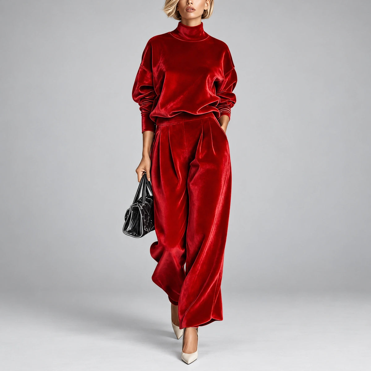 Conjunto de Veludo com Gola Alta e Manga Longa Couture Lenogue