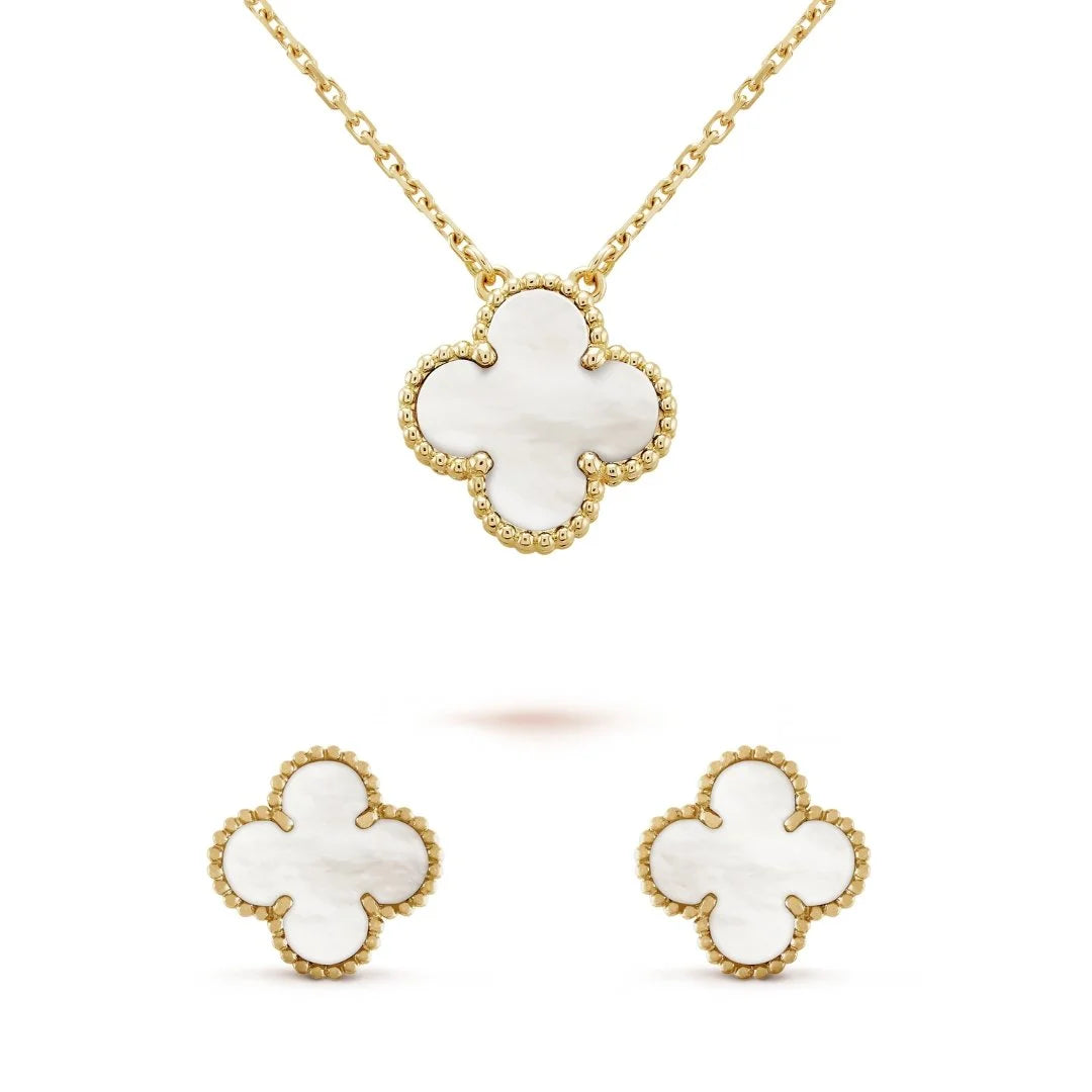 Conjunto Glamorous Brinco e Colar Trevo 1 Motivo Lenogue Madrepérola