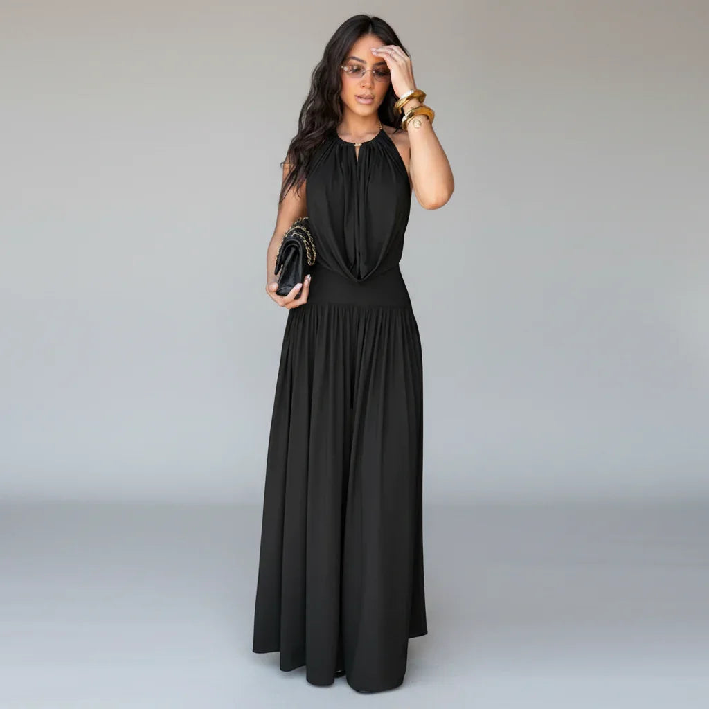 Conjunto Halter Backless Franzido Pantalona Festa Elegante Lenogue Preto / p