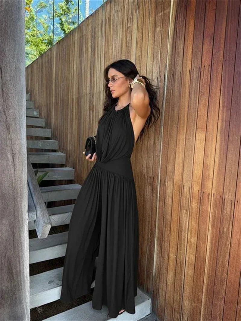 Conjunto Halter Backless Franzido Pantalona Festa Elegante Lenogue