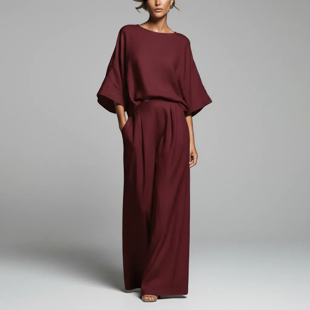 Conjunto Linho Pantalona Wide Leg Manga Flare élégant Lenogue Vermelho / p