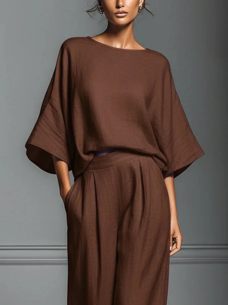 Conjunto Linho Pantalona Wide Leg Manga Flare élégant Lenogue
