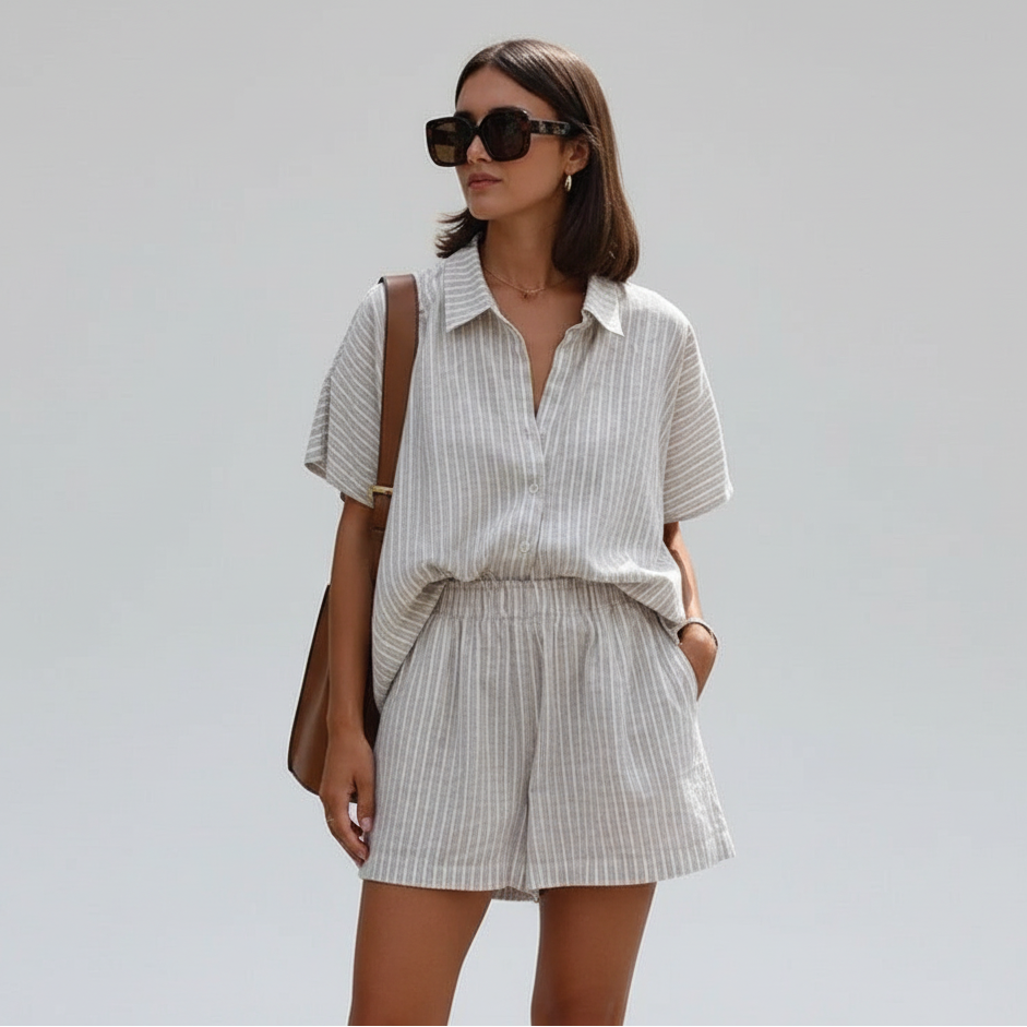 Conjunto Listrado com Camisa de Lapela e Shorts para Uso Diário Lenogue Bege / p
