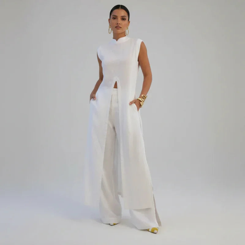 Conjunto Longo Pantalona Plissado Chic Vintage Lenogue Branco / p