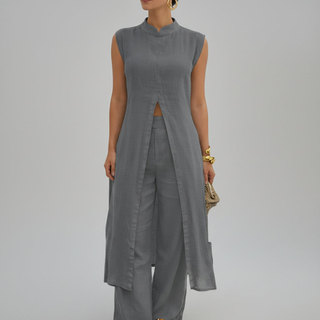 Conjunto Longo Pantalona Plissado Chic Vintage Lenogue Cinza / p