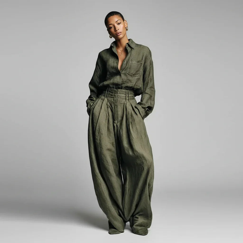 Conjunto Pantalona Camisa Manga Longa Verde Chic Lenogue