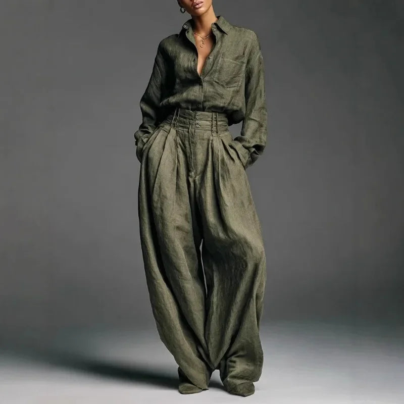 Conjunto Pantalona Camisa Manga Longa Verde Chic Lenogue / p