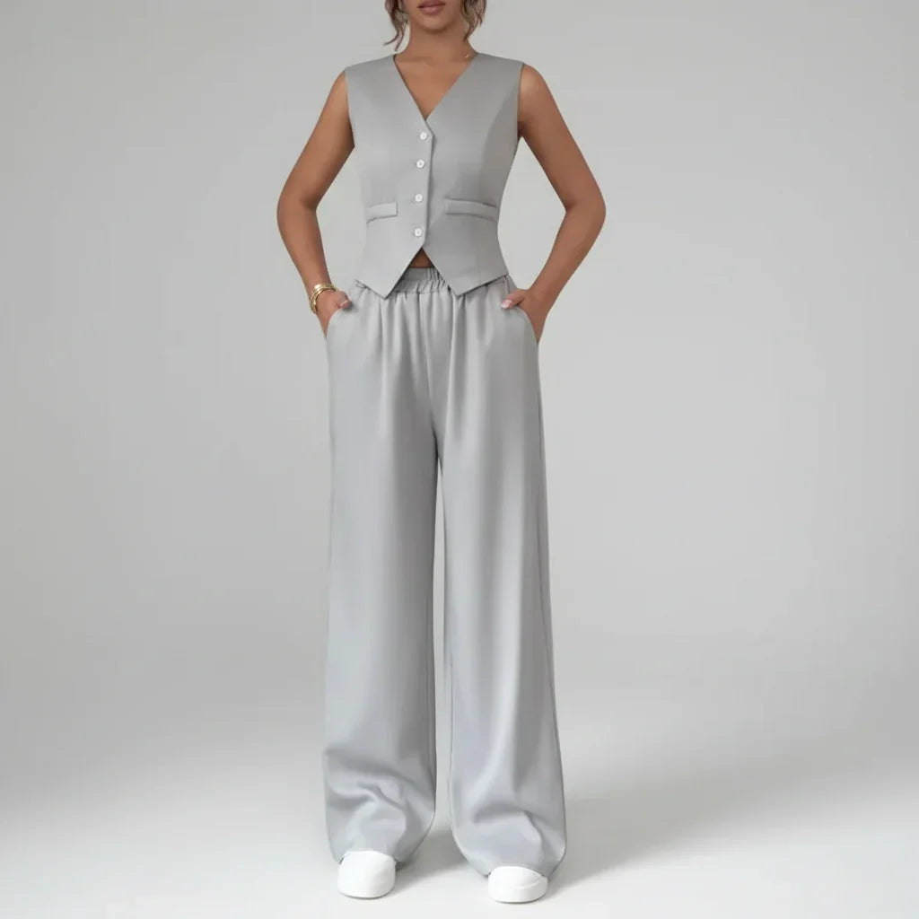 Conjunto Pantalona Colete Botões Alfaiataria élégant Lenogue Cinza / p