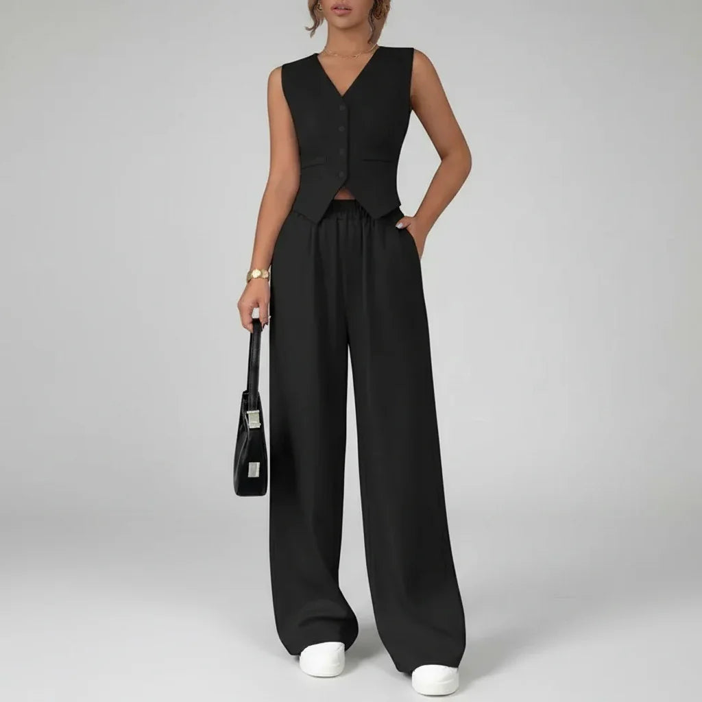 Conjunto Pantalona Colete Botões Alfaiataria élégant Lenogue Preto / p