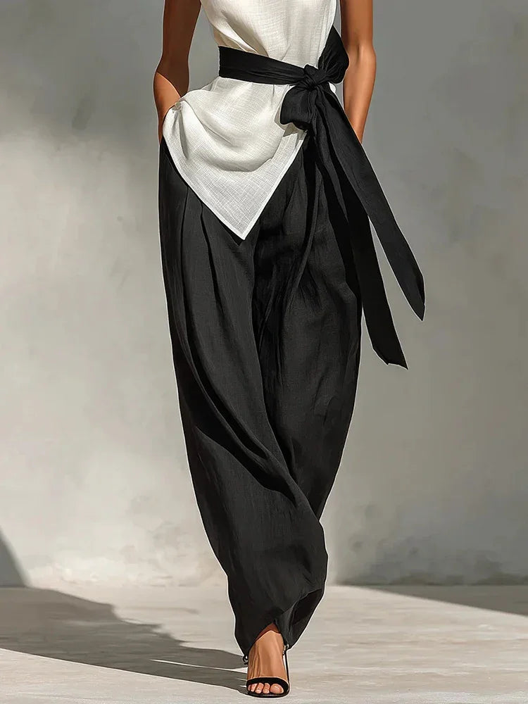 Conjunto Pantalona Regata Amarração Cintura Alta Chic Lenogue