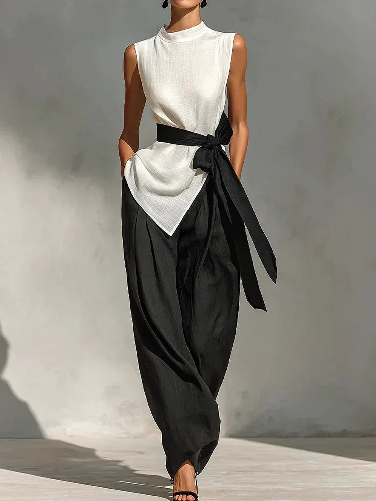 Conjunto Pantalona Regata Amarração Cintura Alta Chic Lenogue