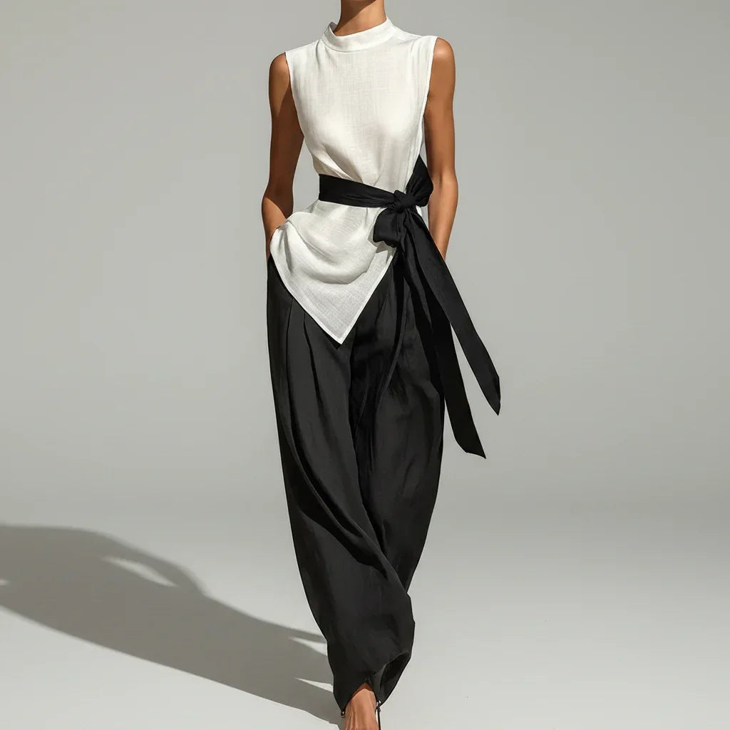 Conjunto Pantalona Regata Amarração Cintura Alta Chic Lenogue Branco / p