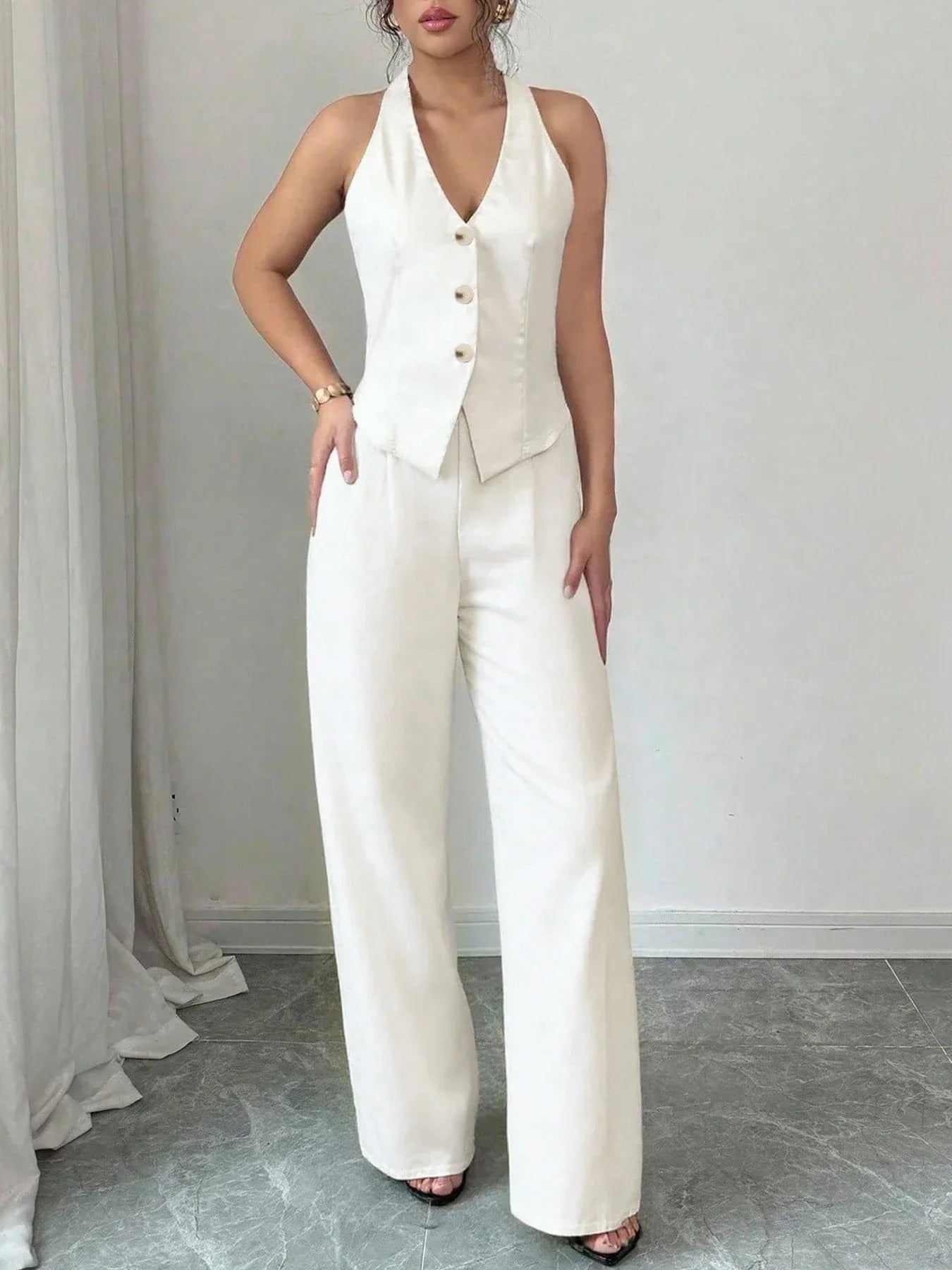 Conjunto Pantalona Wide Leg Halter Decote v Cintura Alta Chic Lenogue