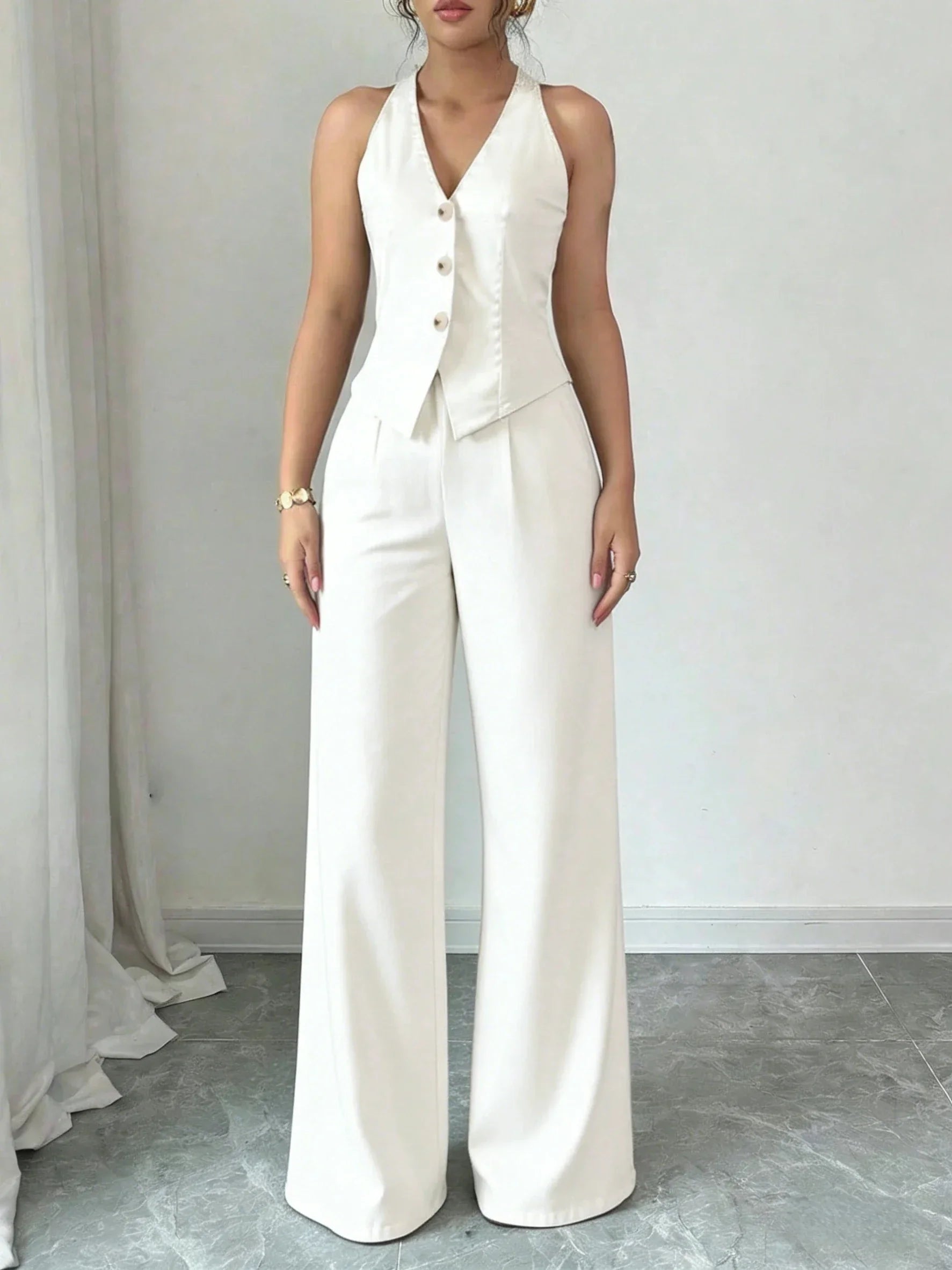 Conjunto Pantalona Wide Leg Halter Decote v Cintura Alta Chic Lenogue