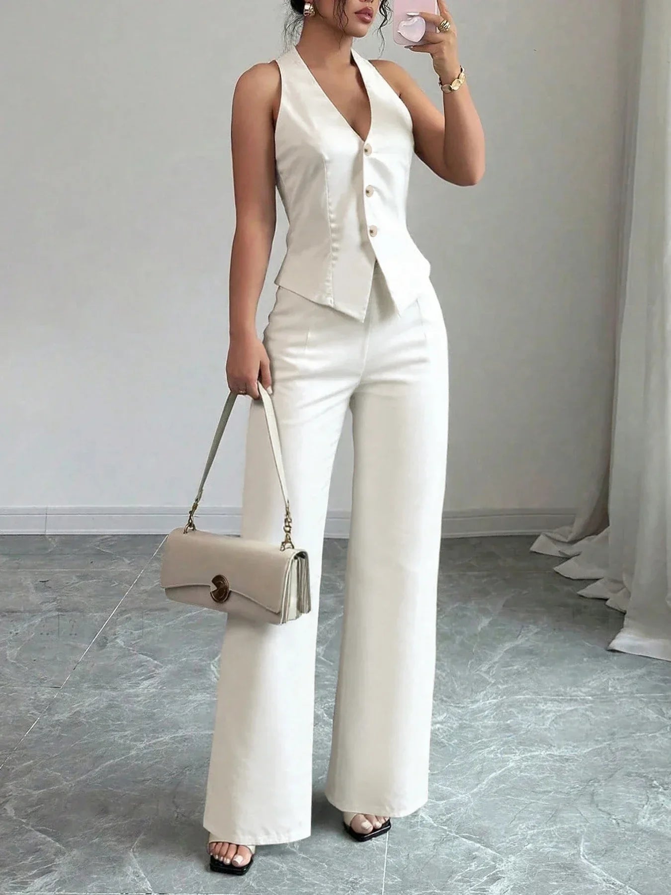 Conjunto Pantalona Wide Leg Halter Decote v Cintura Alta Chic Lenogue
