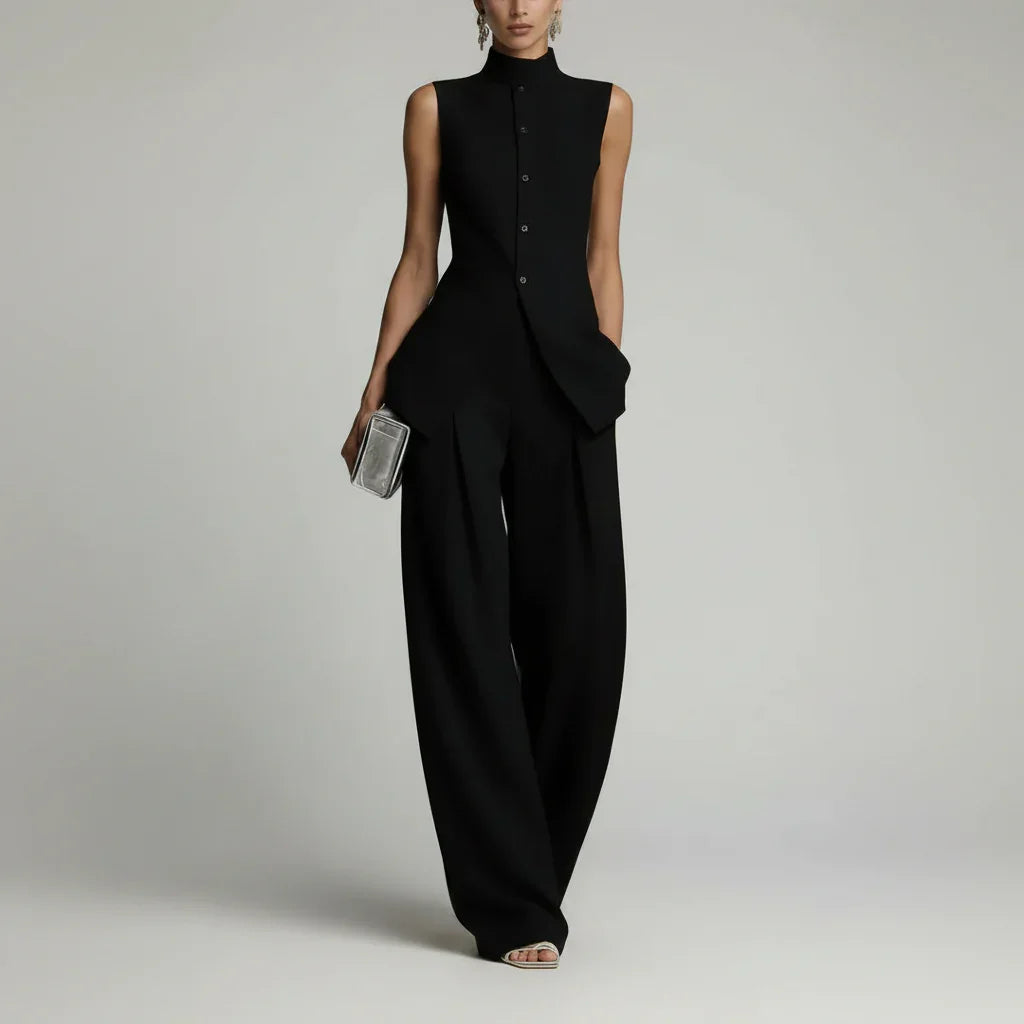 Conjunto Pantalona Wide Leg Regata Gola Alta Bolsos Lenogue Preto / p