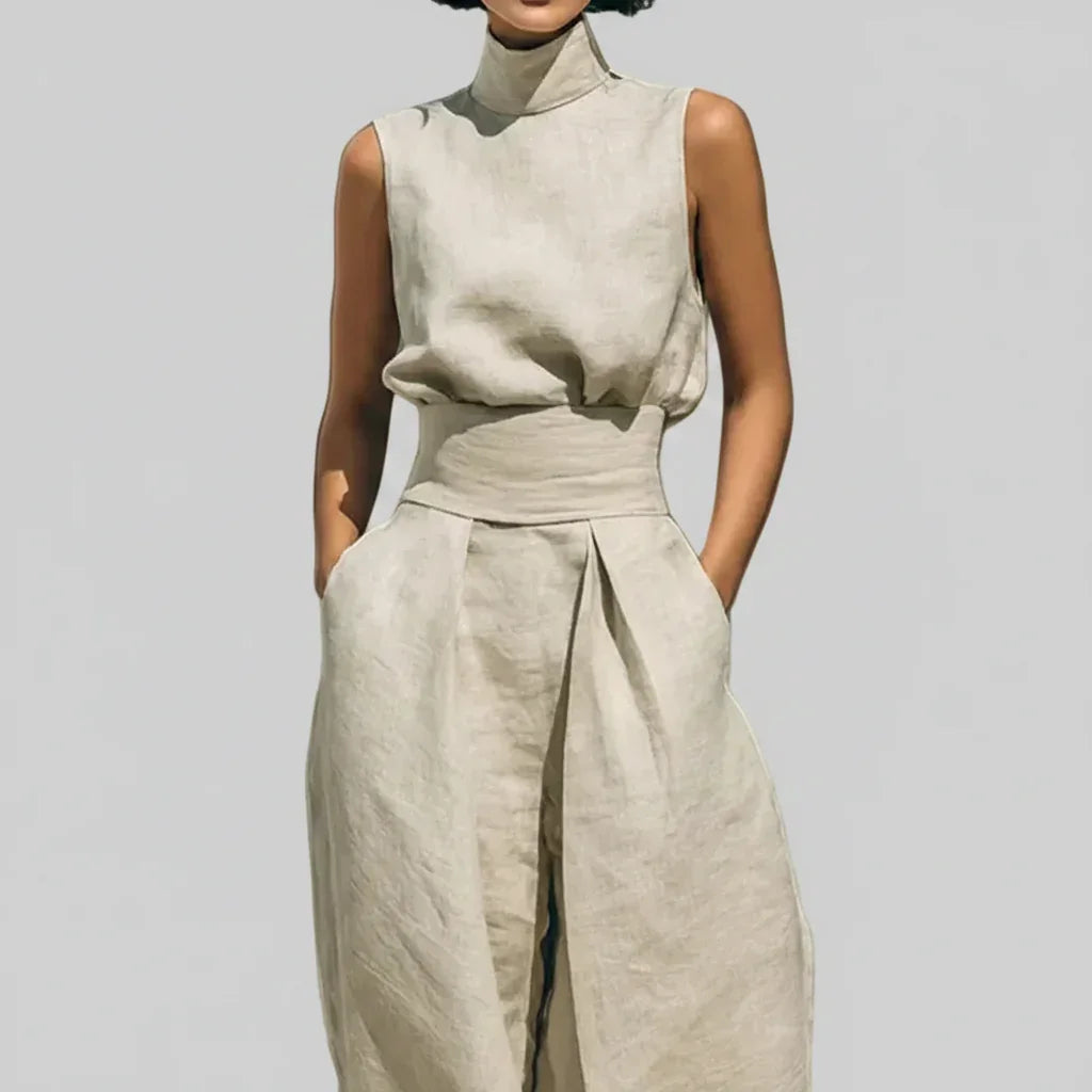 Conjunto Pantalona Wide Leg Regata Gola Alta Plissado Lenogue