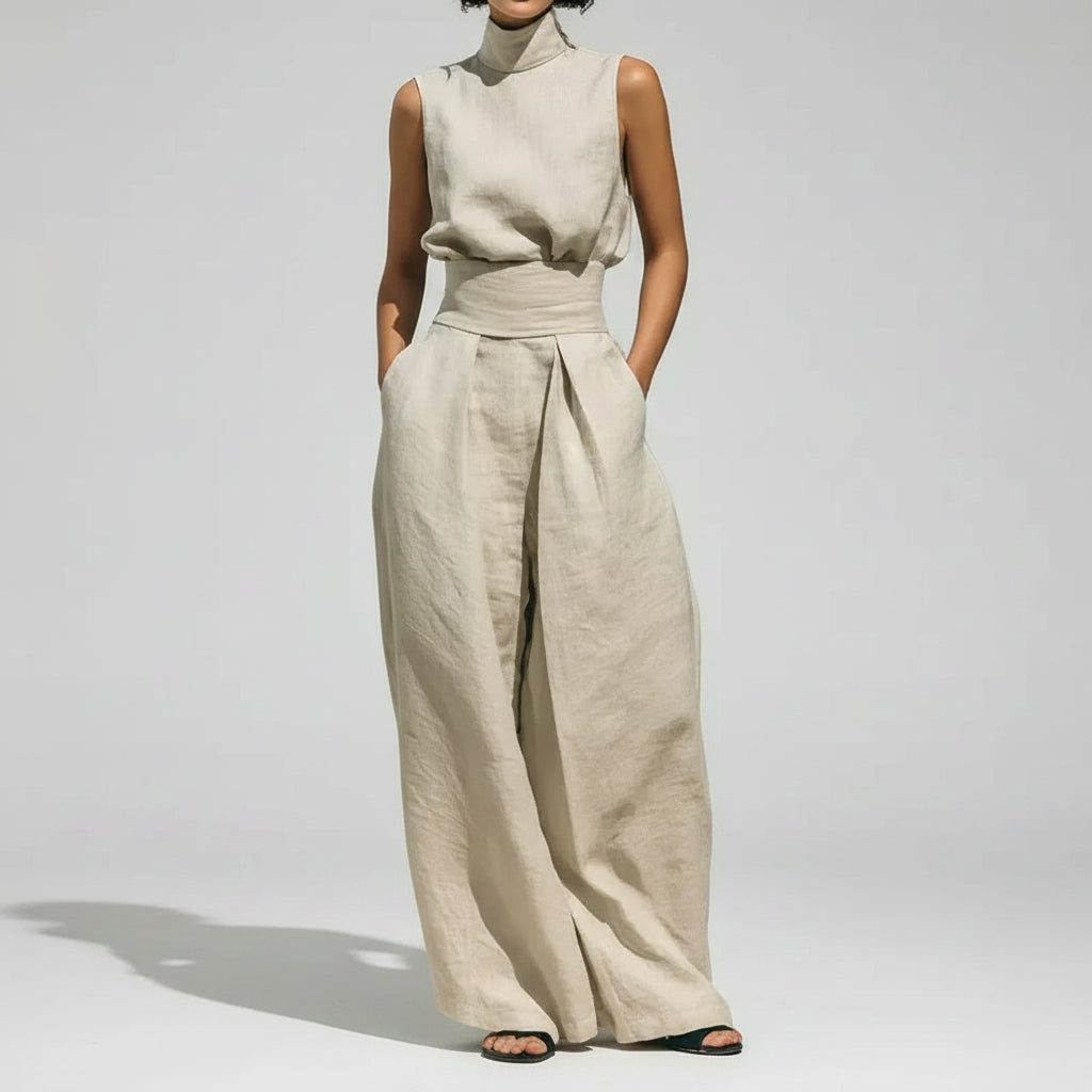Conjunto Pantalona Wide Leg Regata Gola Alta Plissado Lenogue Bege / p
