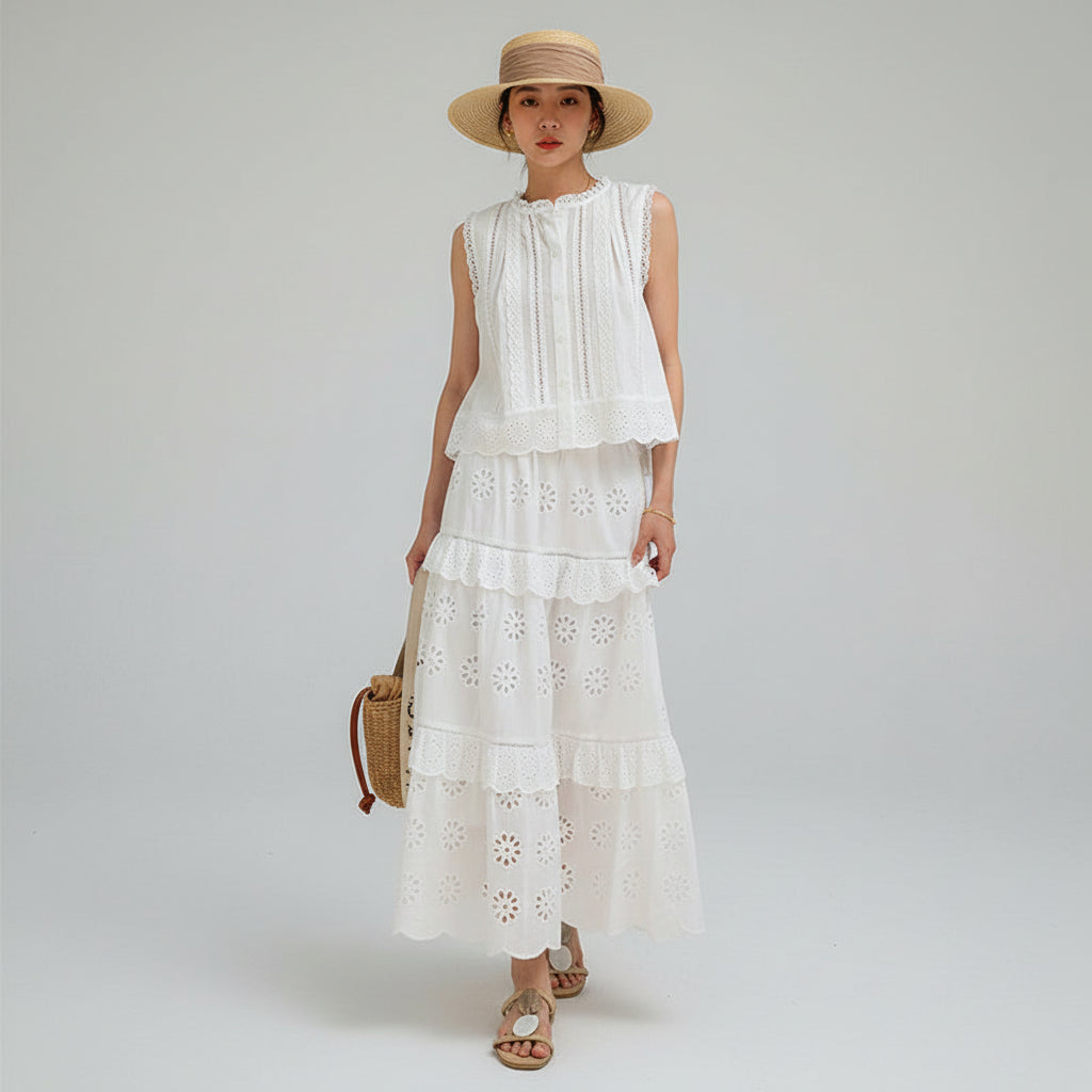Conjunto Renda Bordada com Blusa e Saia Longa para Viagem Lenogue Branco / p