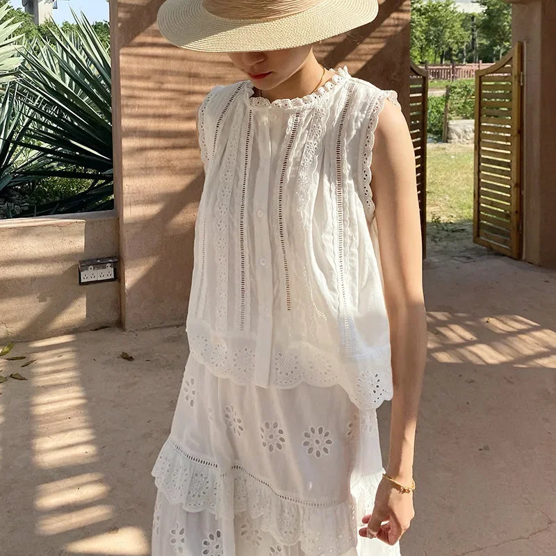 Conjunto Renda Bordada com Blusa e Saia Longa para Viagem Lenogue
