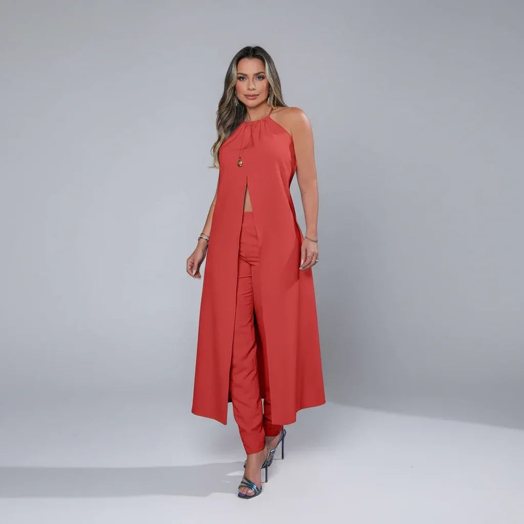 Conjunto Top Halter Alongado e Calça Reta Cintura Alta Lenogue Vermelho / p