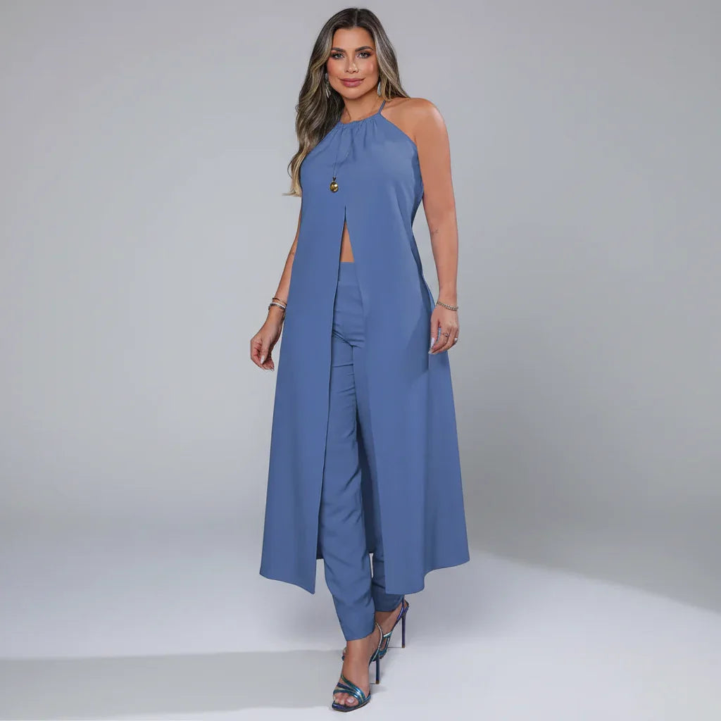 Conjunto Top Halter Alongado e Calça Reta Cintura Alta Lenogue Azul Escuro / p