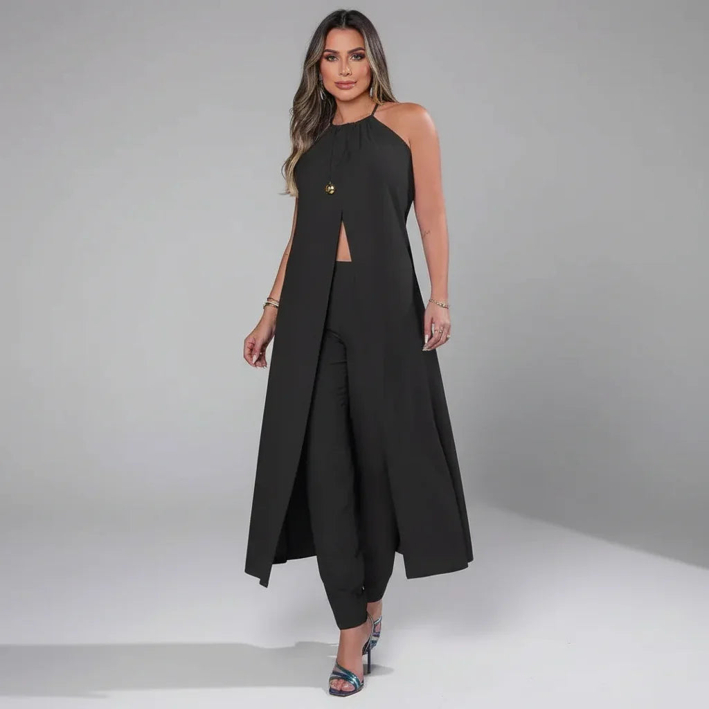 Conjunto Top Halter Alongado e Calça Reta Cintura Alta Lenogue Preto / p