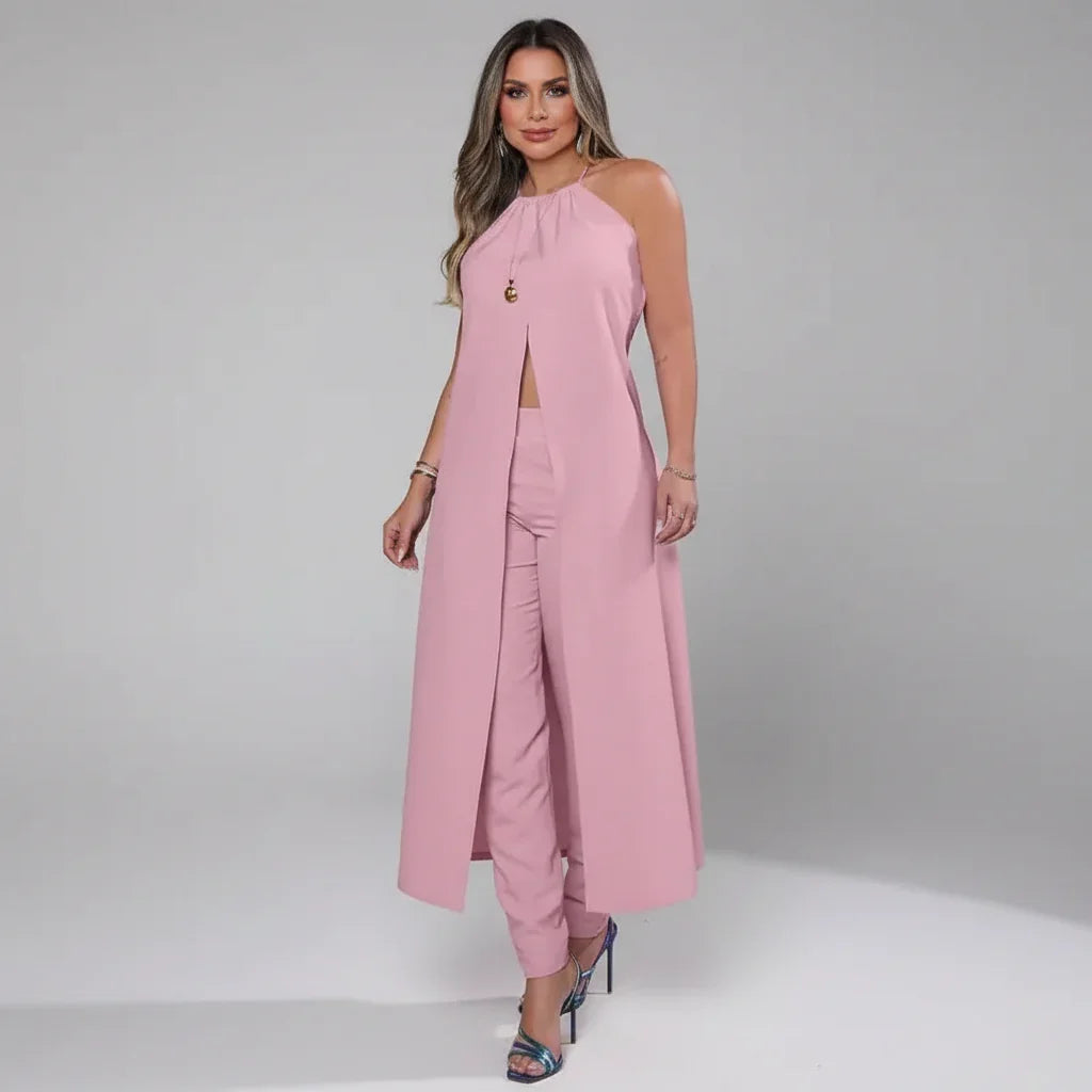 Conjunto Top Halter Alongado e Calça Reta Cintura Alta Lenogue Rosa / p