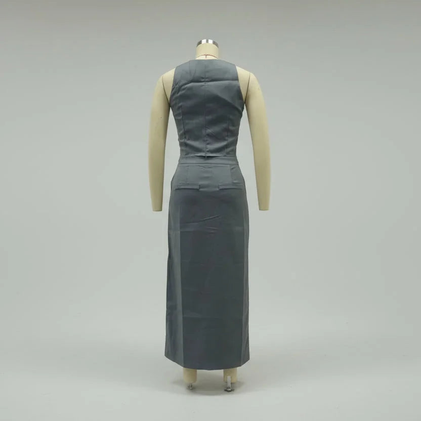 Conjunto Top Halter com Botões e Saia Longa Fenda Lenogue