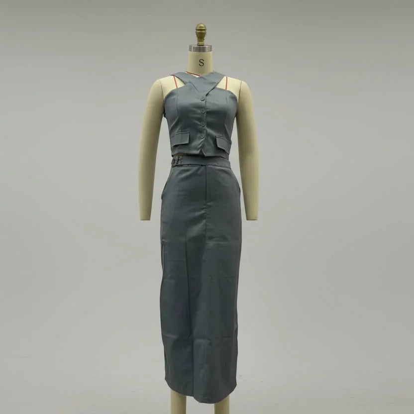 Conjunto Top Halter com Botões e Saia Longa Fenda Lenogue