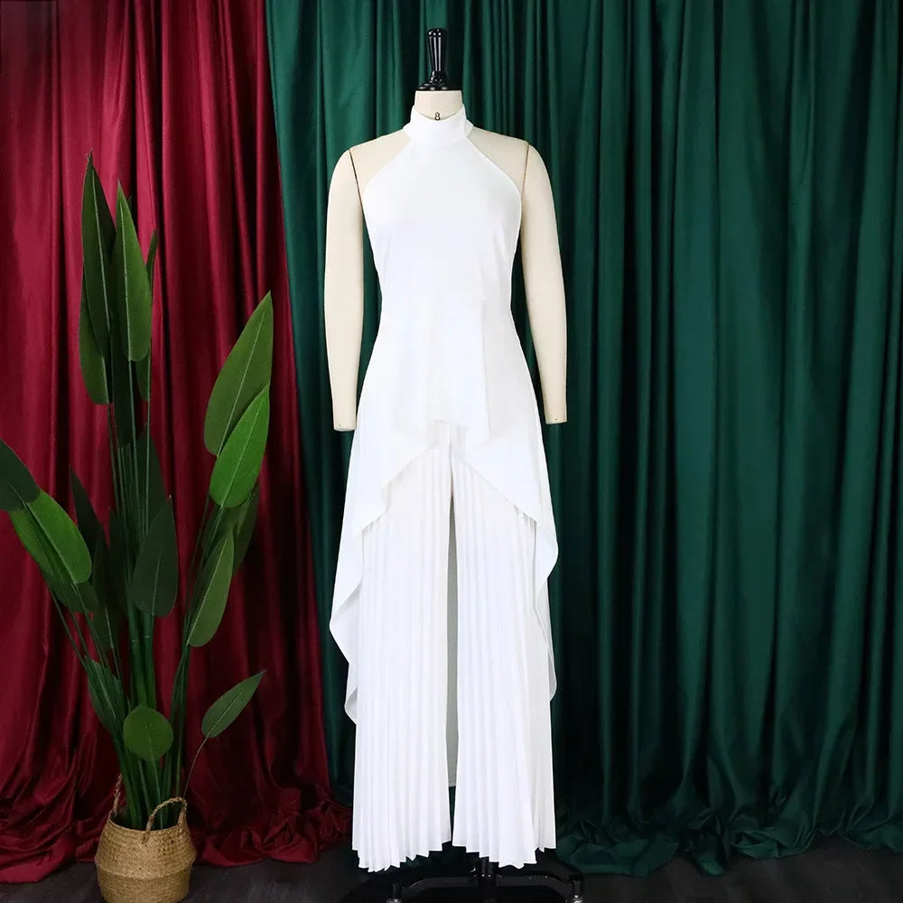 Conjunto Top Halter Costas Nuas e Calça Pantalona Cintura Alta Lenogue