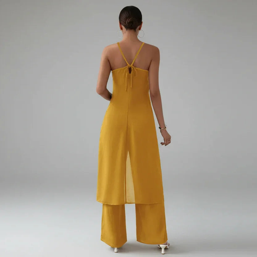 Conjunto Top Halter e Calça Pantalona Cintura Alta Lenogue Amarelo / p