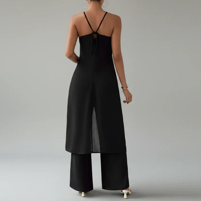 Conjunto Top Halter e Calça Pantalona Cintura Alta Lenogue Preto / p