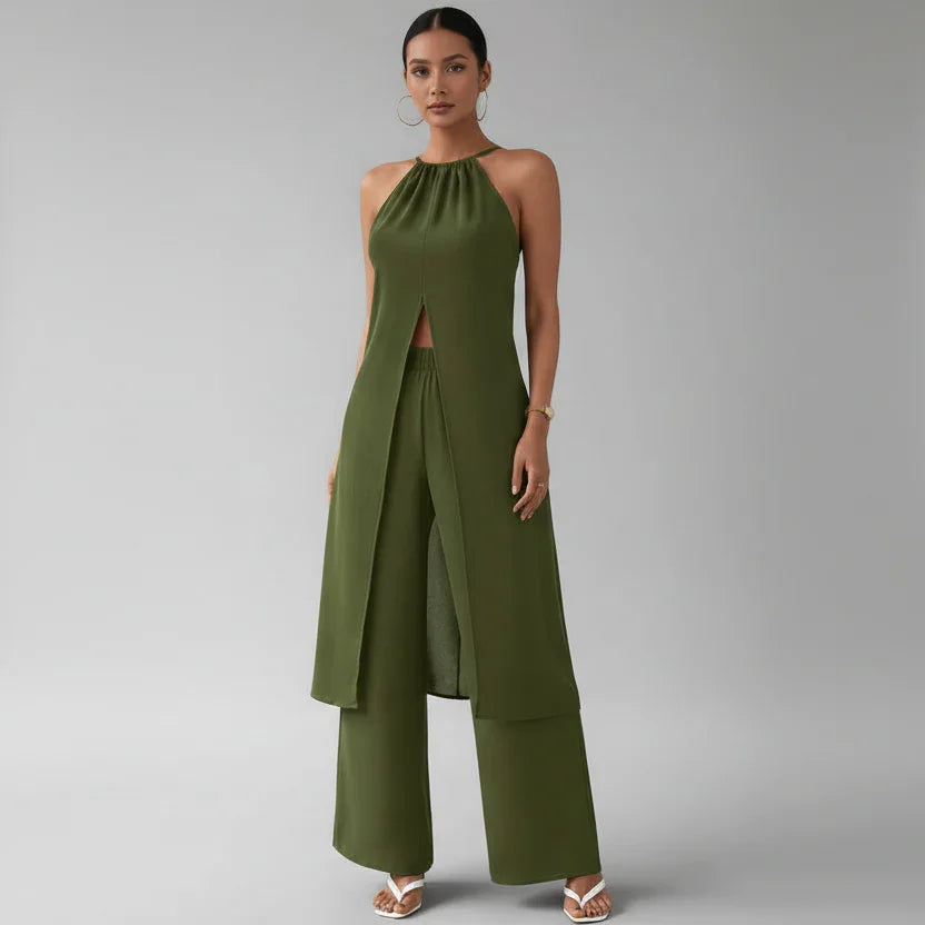 Conjunto Top Halter e Calça Pantalona Cintura Alta Lenogue Verde / p