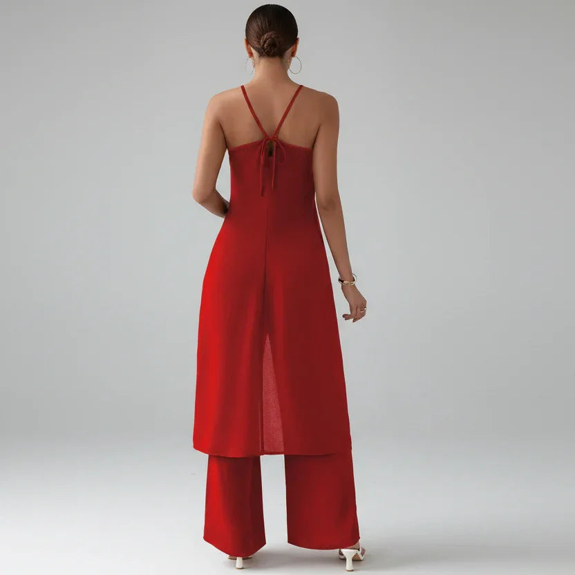 Conjunto Top Halter e Calça Pantalona Cintura Alta Lenogue Vermelho / p