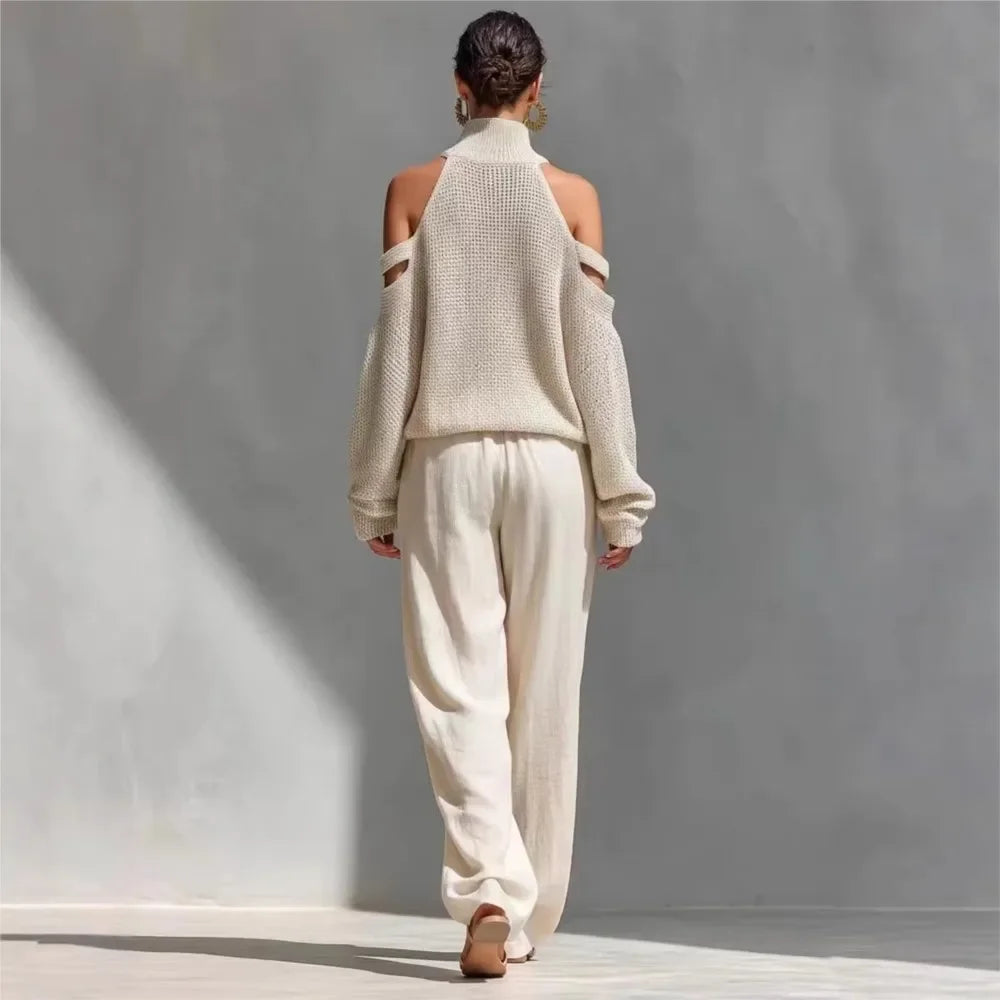 Conjunto Tricot Gola Alta Ombro Vazado Pantalona Casual Lenogue