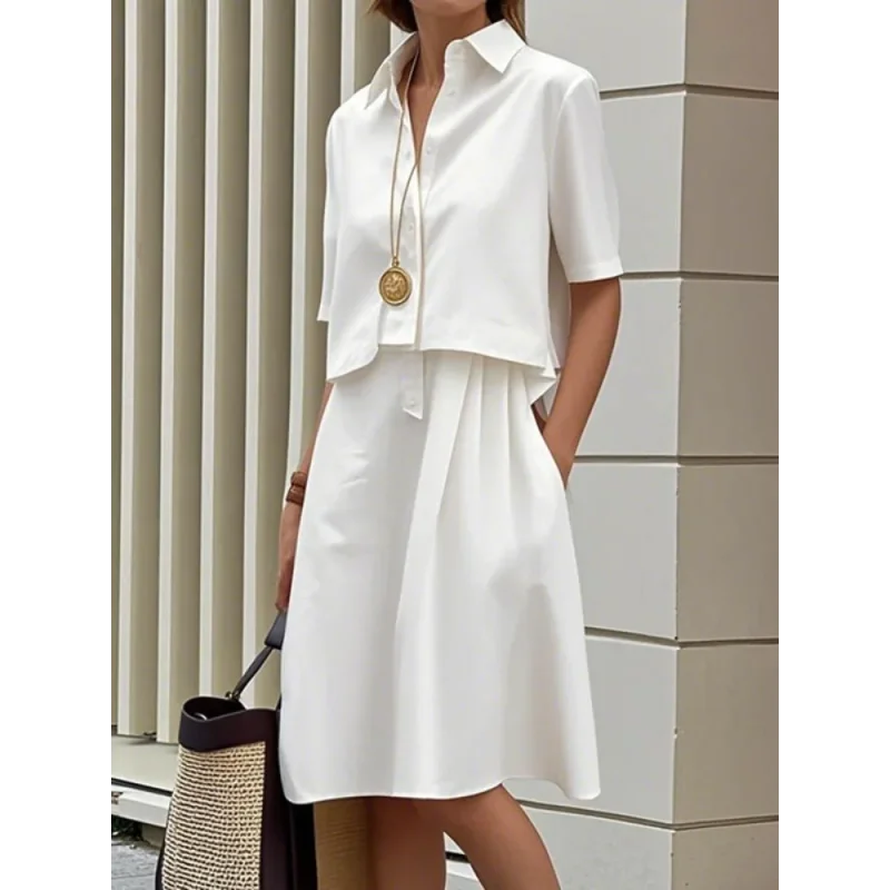 Conjunto Vestido Midi com Camisa de Algodão e Lapela Lenogue Branco / p