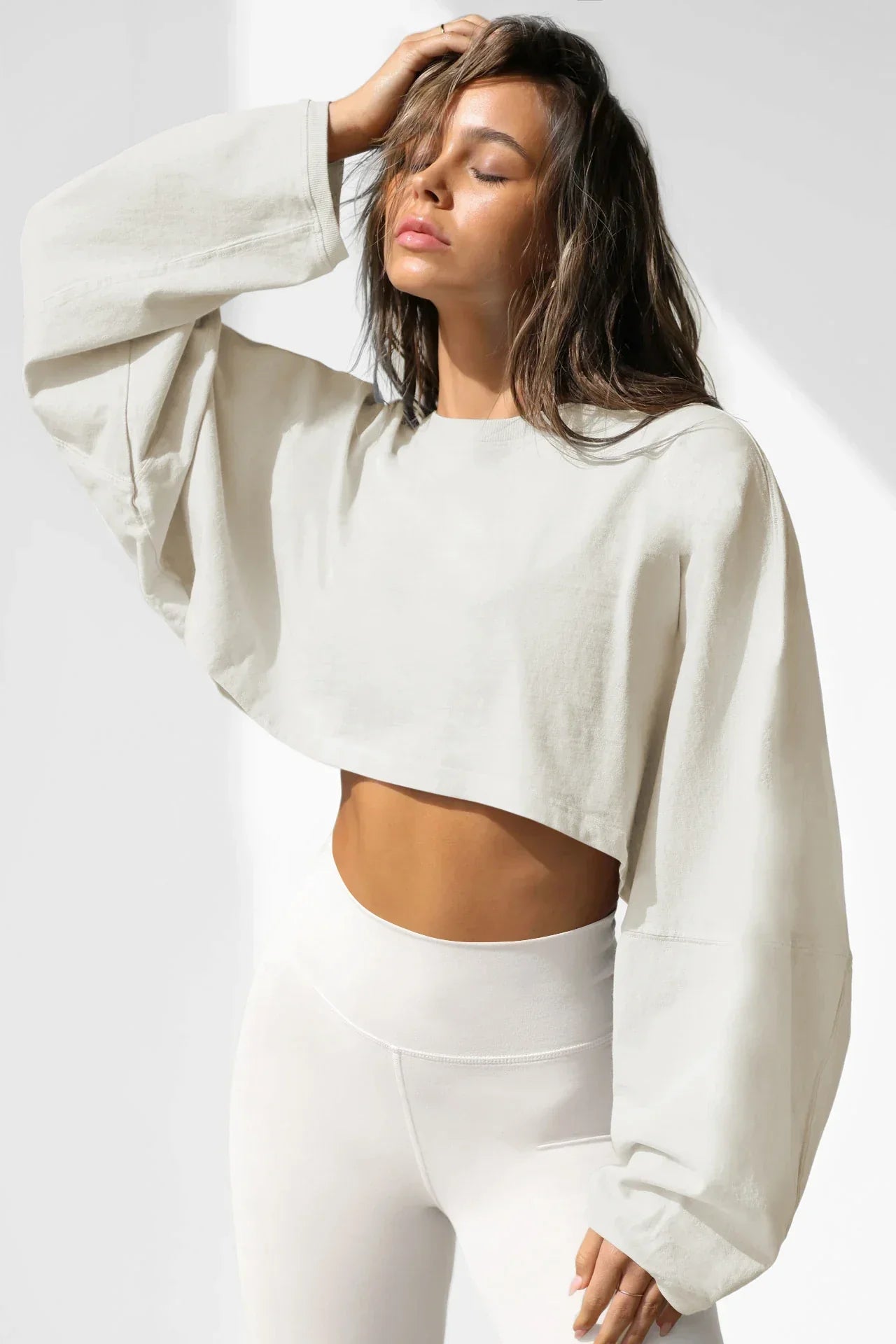 Cropped de Malha Jersey Gola Redonda Manga Longa Lenogue Bege / Pp