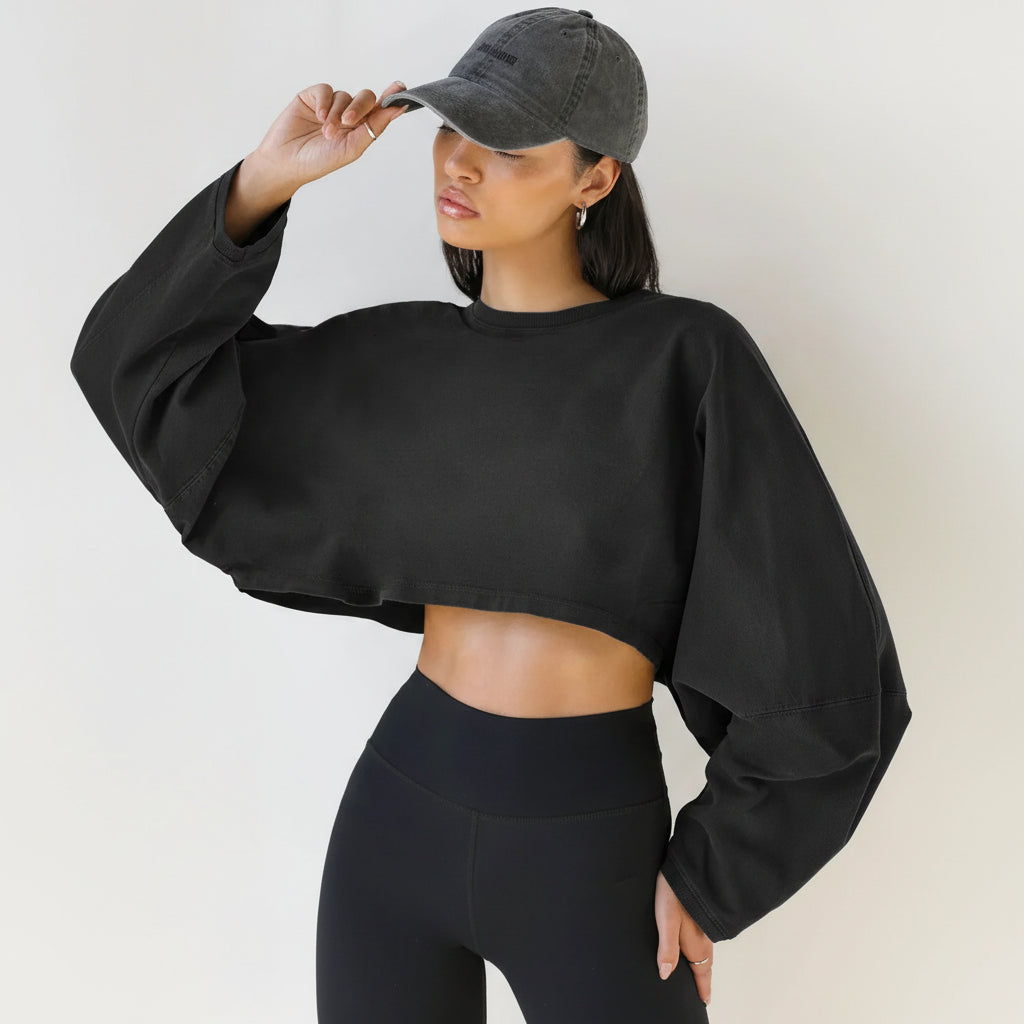 Cropped de Malha Jersey Gola Redonda Manga Longa Lenogue Preto / Pp