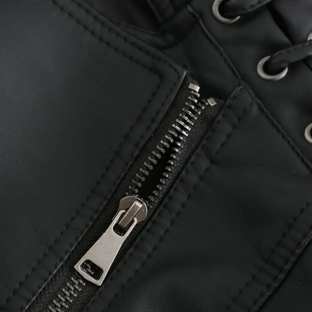 Jaqueta Couro Sintético Moto Biker Gola Alta Slim Chic Lenogue