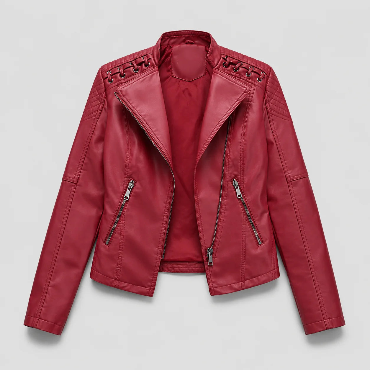 Jaqueta Couro Sintético Moto Biker Gola Alta Slim Chic Lenogue Vermelho / p