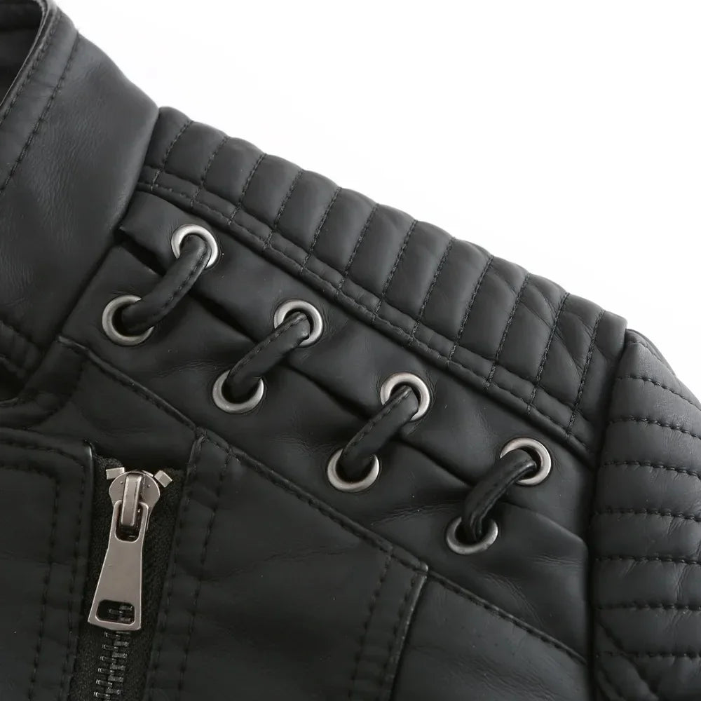 Jaqueta Couro Sintético Moto Biker Gola Alta Slim Chic Lenogue