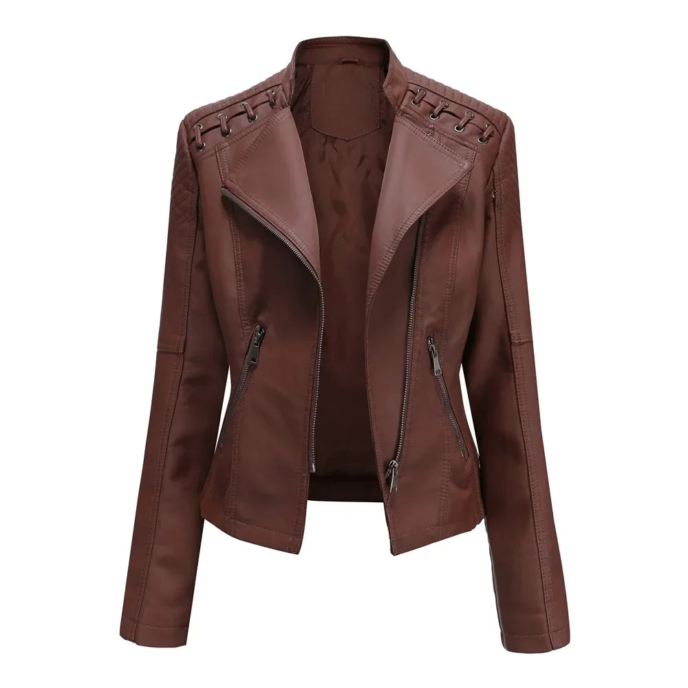 Jaqueta Couro Sintético Moto Biker Gola Alta Slim Chic Lenogue