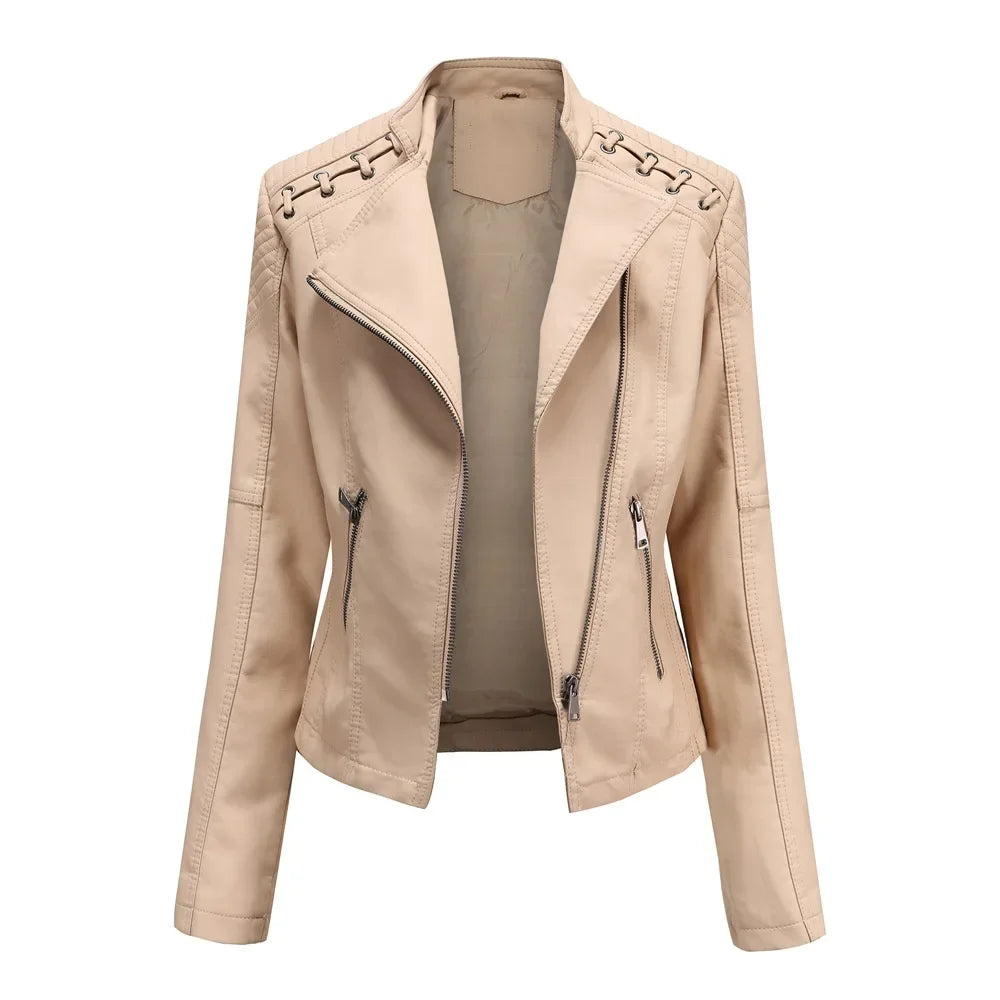 Jaqueta Couro Sintético Moto Biker Gola Alta Slim Chic Lenogue