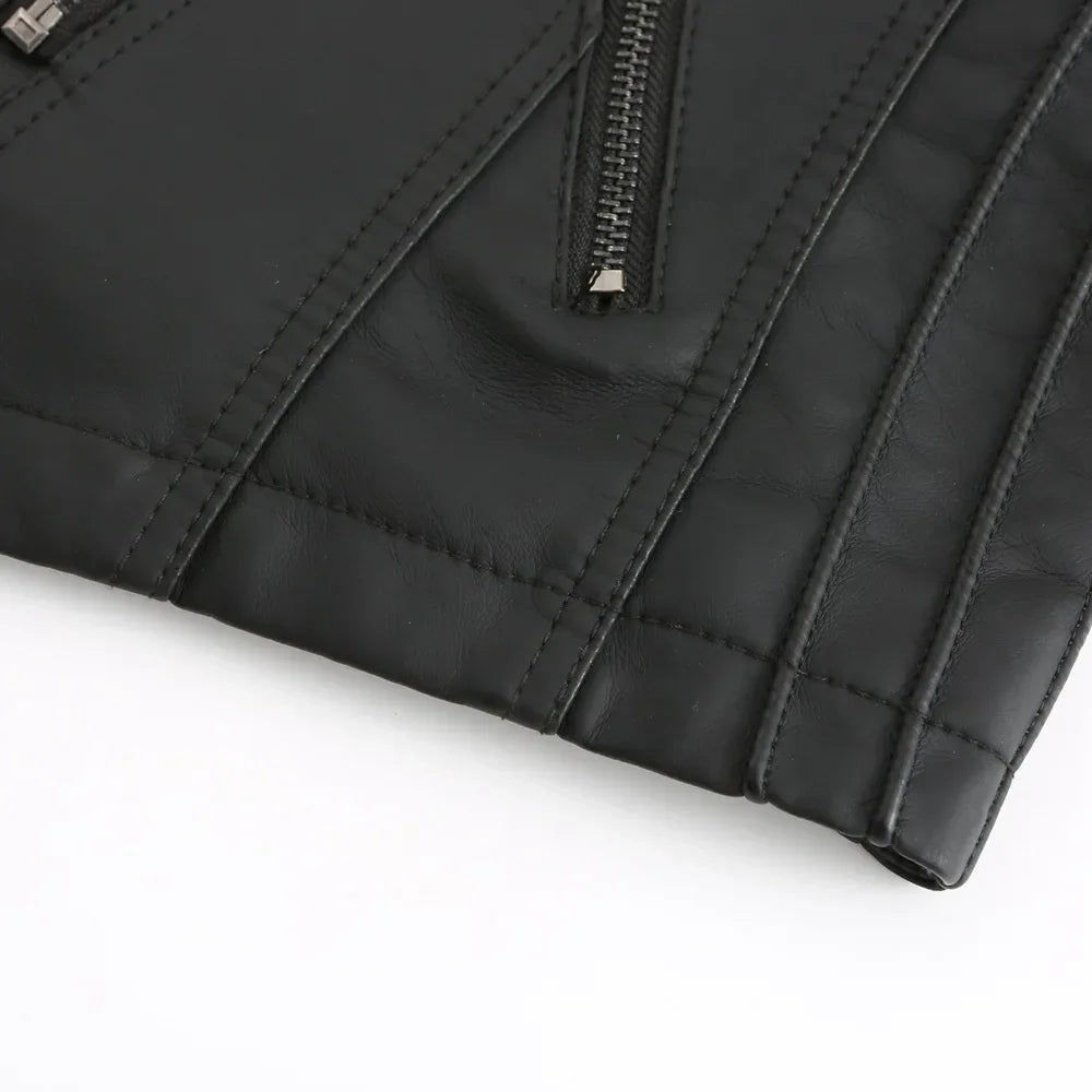 Jaqueta Couro Sintético Moto Biker Gola Alta Slim Chic Lenogue
